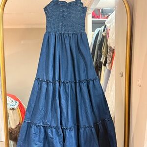 Strapless Blue Smocked Maxi Dress